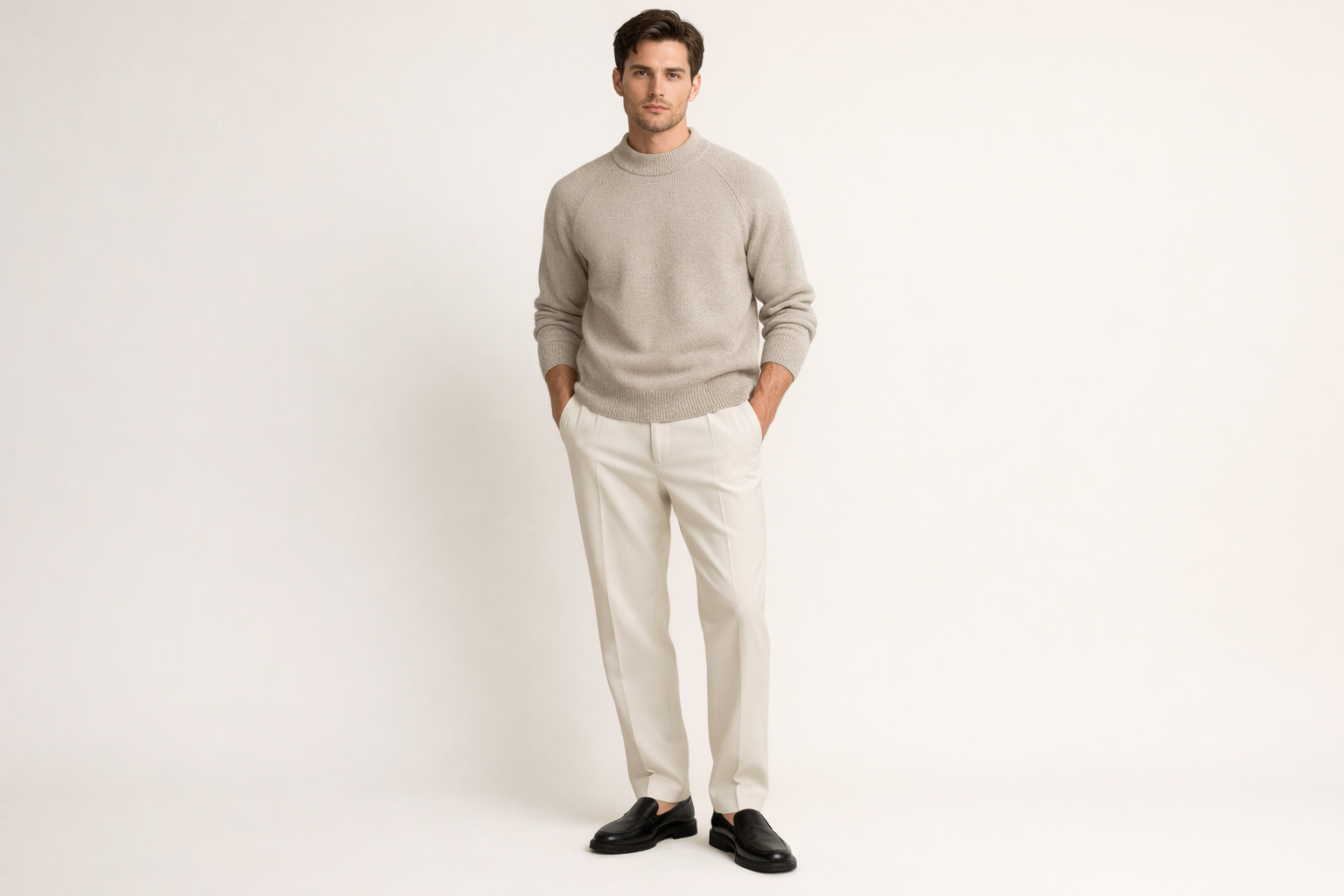 Mannequin homme portant le pull Washi knit sable de la marque HIKARI