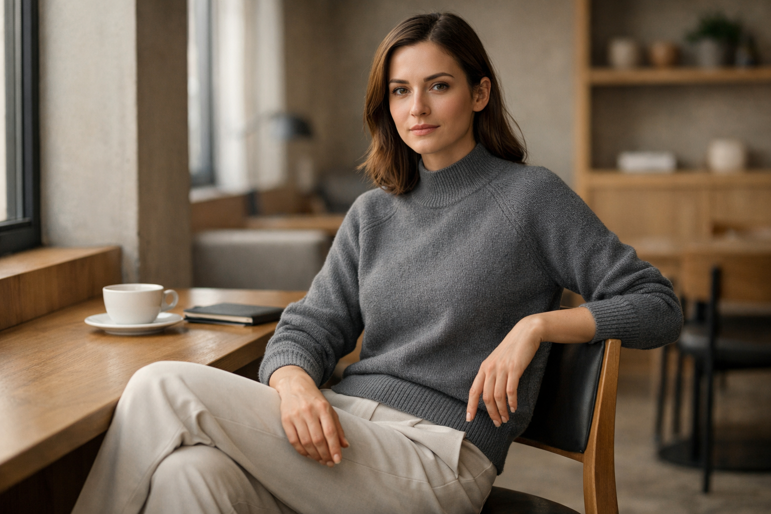 Femme assise dans pièce élégante mobilier bois, portant pull washi-knit couleur gris fumé de la amrque HIKARI
