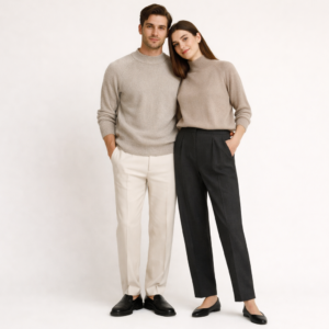 Un homme et une femme complices bras dessus, bras dessous posant pour une photo avec un arriere plan beige unis. Les 2 personnes portent le pull Washi Knit couleur sable de la marque HIKARI